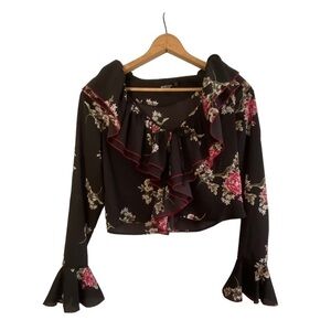 Nasty Gal Black Floral V-Neck Long Sleeve Blouse Size 4